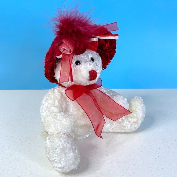 Vintage Dan Dee Red Hat w/Roses White Teddy Bear 8" Plush Stuffed Animal‎ Toy - Picture 2 of 5